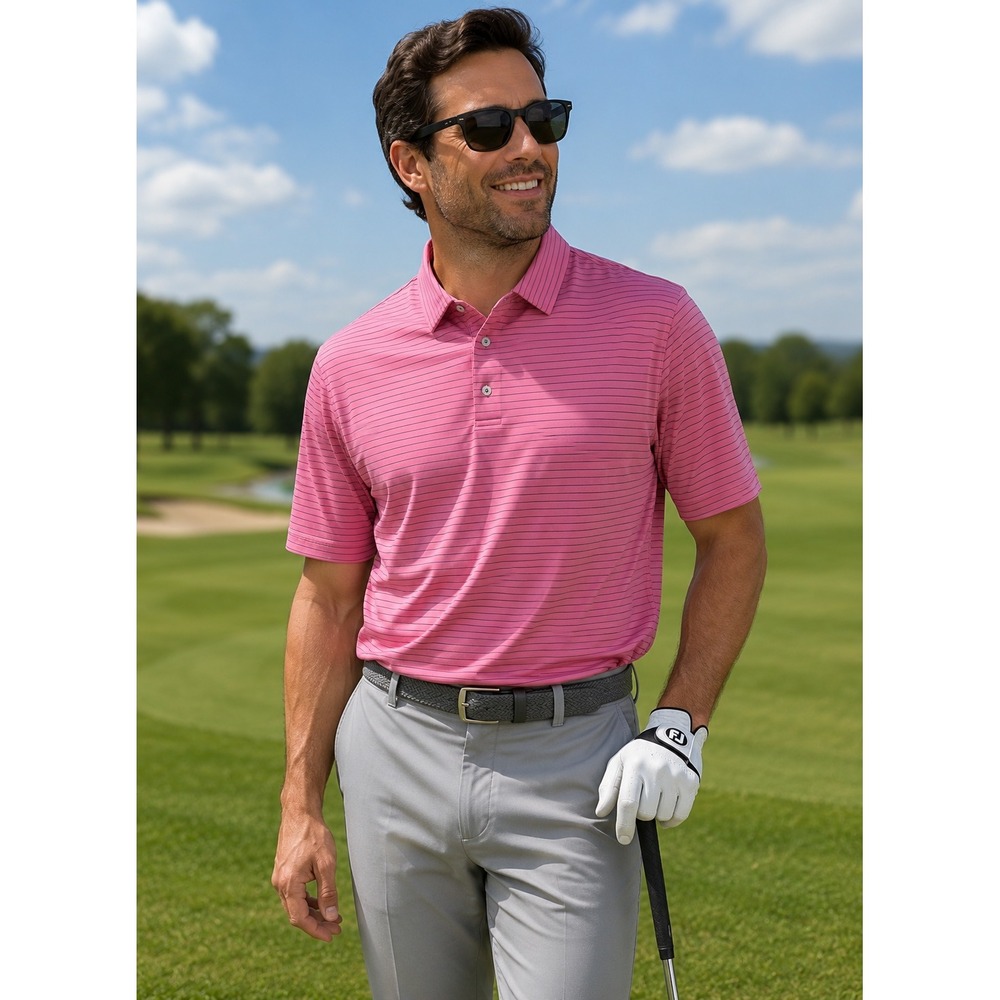 FootJoy FJ Golf Polo Shirt Mens Large Pink Navy Striped Performance Short Sleeve